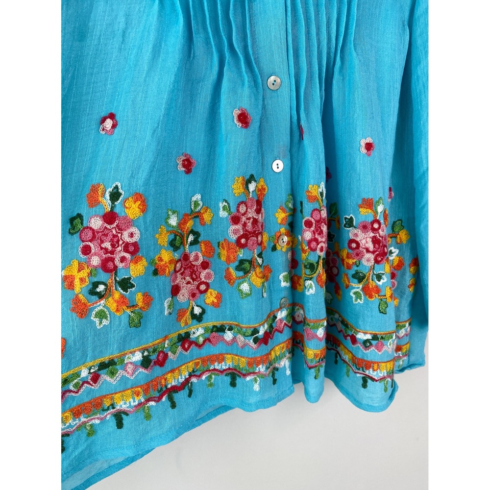 Turquoise Blue Embroidered Peasant Blouse Top Pintuck Floral Boho Balloon Sleeve - Picture 4 of 8